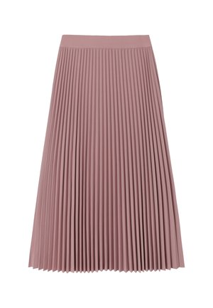 Plisseret nederdel i blødt pink stof, med en tætsiddende talje og lodrette folder, der strækker sig til en midi-længde, glat tekstur og ingen synlige hardware.