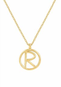 Naszyjnik w kolorze złotym z okrągłą zawieszką ozdobioną stylizowaną literą „R”. Łańcuszek jest ogniwkowy i gładki w dotyku.