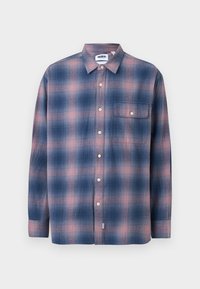 Long-sleeve plaid shirt in blue and pink, made of soft fabric. Features a button-down collar, front pocket, and white buttons.