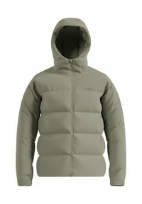 Hellgrünes gepolstertes Jacket mit Kapuze, durchgehendem Reißverschluss, langen Ärmeln und dezentem Logo auf der oberen Brust.