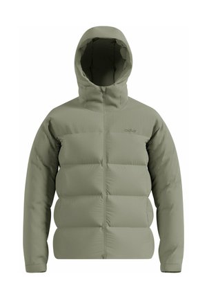 Hellgrünes gepolstertes Jacket mit Kapuze, durchgehendem Reißverschluss, langen Ärmeln und dezentem Logo auf der oberen Brust.