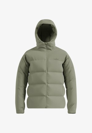 Hellgrünes gepolstertes Jacket mit Kapuze, durchgehendem Reißverschluss, langen Ärmeln und dezentem Logo auf der oberen Brust.