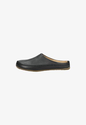 Schwarzer Leder-Slipper-Mules mit Steppnähten und einer braunen Gummisohle, entworfen für legere Innen- oder Außenanwendung.