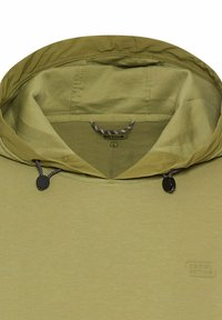 Licht olijfgroene hoodie met een gladde textuur, voorzien van verstelbare trekkoorden en een subtiele logo op de voorkant.