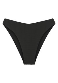 Black bikini bottoms with a ribbed texture, v-shaped front, and high-cut legs, offering minimal coverage and a sleek silhouette.