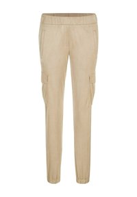 Beige cargobroek met een elastische tailleband, twee voordozen en twee zijzakken. Zacht, gestructureerd materiaal met elastische boorden bij de enkels.