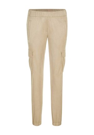 Beige cargo pants with an elastic waistband, two front pockets, and two side pockets. Soft, textured fabric with elastic cuffs at the ankles.