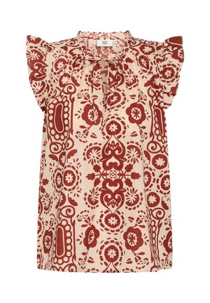 Blusa a maniche corte rosa chiaro con motivo floreale e paisley rosso, caratterizzata da un collo arricciato e spalle con balze.