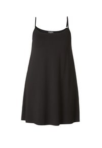 Zwarte mouwloze jurk van zachte stof, met een losvallende pasvorm en rechte zoom, voorzien van dunne verstelbare bandjes.