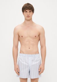 Şorturi dintr-un material ușor, având o bază bleu deschis cu dungi verticale subțiri roșii, talie elastică și fără buzunare.