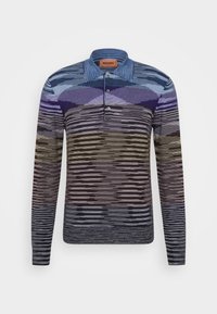 Polo triko s dlouhým rukávem v modro-fialovém pruhovaném vzoru, s knoflíkovou légou a klasickým límcem. Vyrobeno z měkkého materiálu.