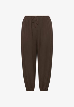 Pantalon ample marron avec taille élastique et cordon de serrage, jambes fuselées avec poignets élastiques, présenté sur un fond blanc.