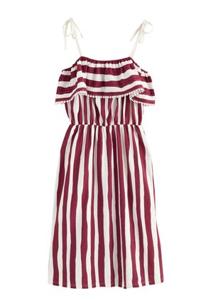 Hihaton mekko, jossa on punaisia ja valkoisia pystysuoria raitoja, röyhelöinen yläosa vaakaraitoineen ja valkoiset solmittavat olkaimet.