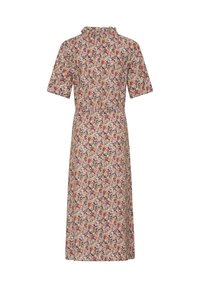 Robe midi fleurie avec manches courtes, col haut et un mélange de fleurs rouges, roses et beiges sur fond sombre, vue de dos.
