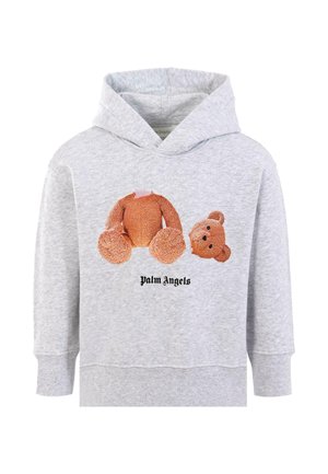Sweat-shirt à capuche gris avec un graphique d'ours texturé en marron, comportant un corps détaché et une tête, ainsi que le texte "Palm Angels".