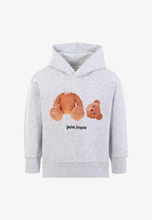 Felpa grigia con cappuccio, decorata con una grafica di un orso testurizzato in marrone, presenta un corpo e una testa separati, insieme al testo "Palm Angels".