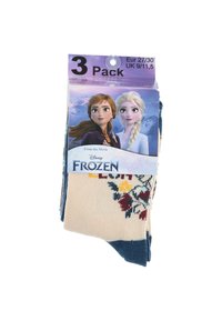 Paquete de tres calcetines con una base crema y coloridos patrones florales, puños azul oscuro y gráficos de dos personajes de Frozen.