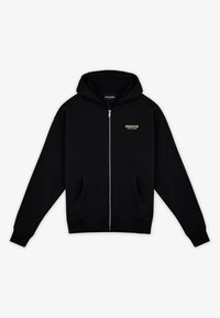 Felpa nera con zip in cotone morbido, con tasca frontale e logo dorato sul petto. Tessuto liscio con cappuccio.