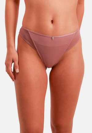 Durchsichtige mauvefarbene Panties mit glattem Vorderteil, Netzseiten und einem kleinen dekorativen Charme in der vorderen Mitte oberhalb des Bunds.