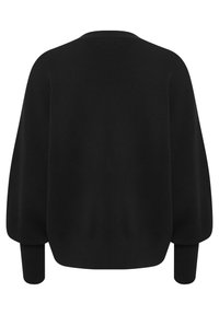 Čierny oversized sveter s dlhými, širokými rukávmi a zaobleným výstrihom. Tkanina vyzerá mäkká, má hladkú štruktúru a bez viditeľných vzorov.