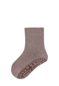 Short brown cotton sock with a ribbed cuff and textured grip pattern on the sole for added traction. Smooth, woven finish throughout.
