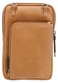 Sac bandoulière en cuir tan avec une texture lisse, comprenant un compartiment principal zippé et une poche zippée extérieure. Matériel de sangle rétractable inclus.