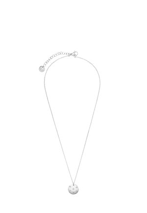 Silver necklace with a delicate chain and circular pendant featuring six engraved stars. Adjustable chain length for a custom fit.