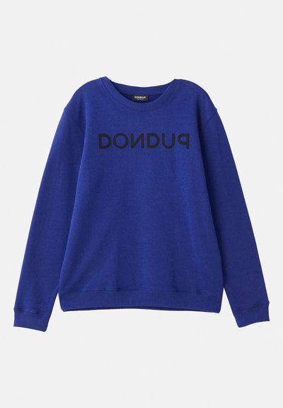 Blue crewneck sweatshirt made of cotton blend, featuring a black graphic print "DON DUP" on the front and ribbed cuffs and hem.