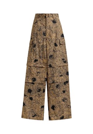 Pantaloni a gamba larga a vita alta color sabbia con stampa floreale nera, con grandi tasche anteriori a pattina e chiusura con bottone in vita.