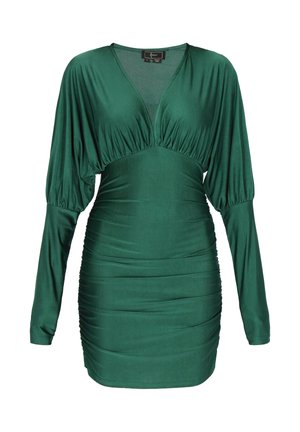 Green, long-sleeve dress made of smooth, stretchy fabric; features a deep V-neck and gathered detailing along the sides for a fitted silhouette.
