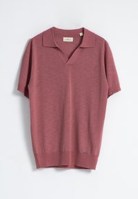 Sudadera de manga corta en burdeos con cuello de canalé, escote en forma de V y dobladillo recto. Confeccionada en tejido de punto texturizado. Detalle de logotipo pequeño en el dobladillo.
