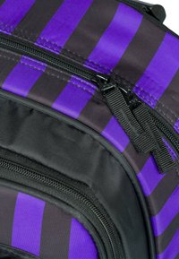 Zaino nero con strisce verticali viola, dotato di zip e accessori neri. Tessuto liscio con dettagli di cucitura robusta.