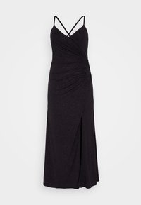 Black floor-length dress with spaghetti straps and gathered detailing on the side. Smooth, slightly shimmery texture. Split hem design.