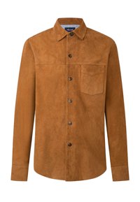 Camisa de ante marrón con cuello abotonado, bolsillo en el pecho y botones a juego. Presenta mangas largas y una textura suave.