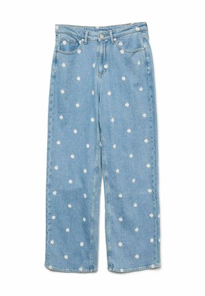 Lyseblå denim bukser med vide ben, prydet med hvite blomsterbroderier i hele designet, fem lommer og knaplukning foran.