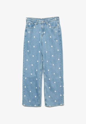 Lyseblå denim bukser med vide ben, prydet med hvite blomsterbroderier i hele designet, fem lommer og knaplukning foran.