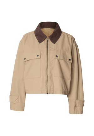 Beiger, gekürzter Blazer mit braunem Cordkragen, zwei Brusttaschen, Druckknöpfen und verstellbaren Manschetten für eine maßgeschneiderte Passform.