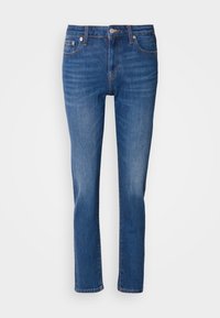 Jeans dritti in denim blu con design classico a cinque tasche e chiusura con bottone frontale, mostrati su uno sfondo bianco.