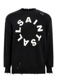 Pulover negru tricotat cu un grafic circular alb "SAINT LAURENT". Accente distruse și tiv cu nervuri. Gât de echipaj și mâneci lungi.