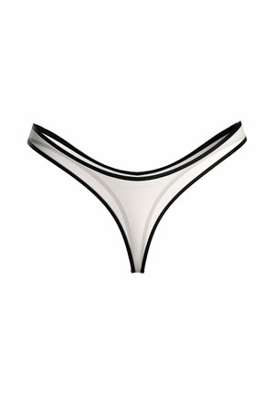 Culotte tanga blanche et noire avec une fine bordure noire, présentée sur un fond blanc.