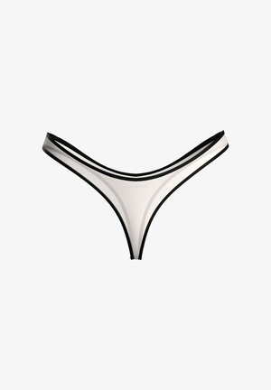 Culotte tanga blanche et noire avec une fine bordure noire, présentée sur un fond blanc.