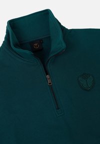 Teal half-zip pullover van zacht materiaal, met een rits, geborduurd logo en een kraag. Gladde textuur en eenvoudig ontwerp.
