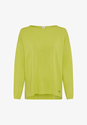 Maglione a maniche lunghe verde lime con scollo ampio, vestibilità rilassata, spacchi laterali e un piccolo logo sul bordo. Tessuto morbido e testurizzato.