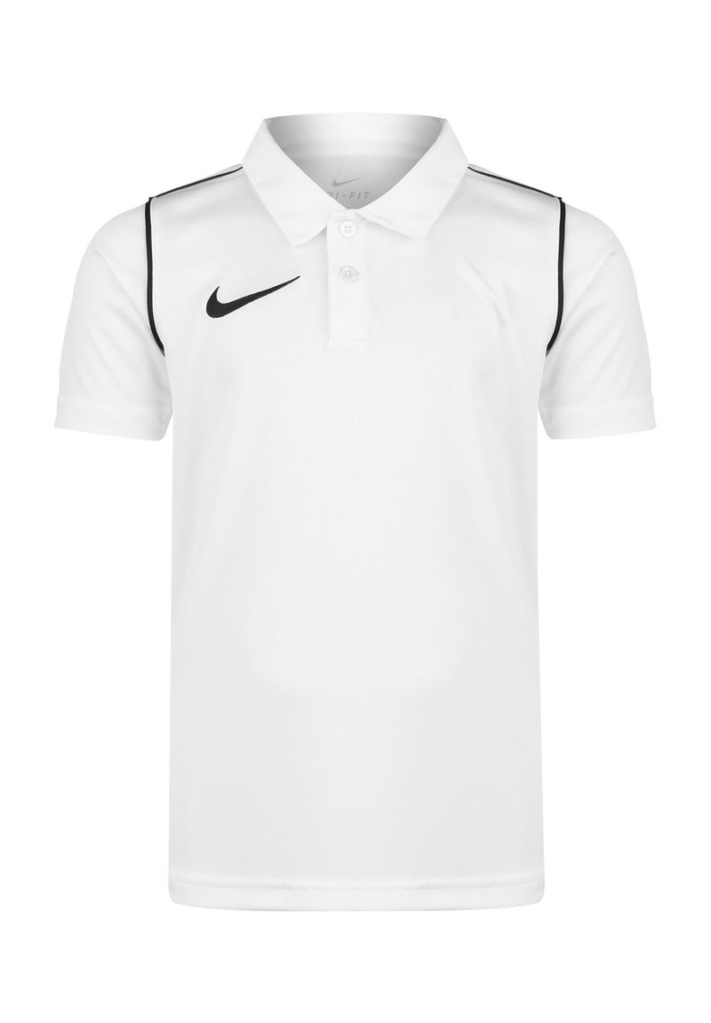 Weißes Nike Polo-Shirt mit klassischem Kragen, schwarzen Akzenten an den Schultern und einer Knopfleiste mit zwei Knöpfen. Hergestellt aus feuchtigkeitstransportierendem Material.
