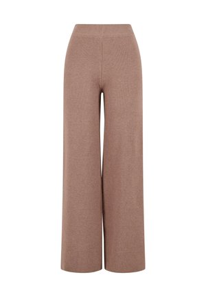 Brown, wide-legged knit trousers with a textured fabric, featuring an elastic waistband and a loose fit for comfort.