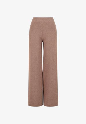 Brown, wide-legged knit trousers with a textured fabric, featuring an elastic waistband and a loose fit for comfort.