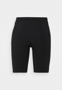 Czarne krótkie spodenki rowerowe wykonane z elastycznej, gładkiej tkaniny. Posiadają wysoką talię i dopasowany krój bez widocznych szwów.