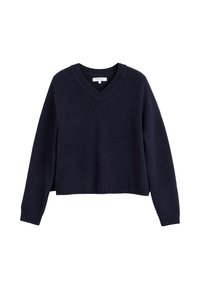 Pull en tricot bleu marine avec un col en V, des poignets et un ourlet côtelés. Présente une coupe décontractée et des manches raglan, fabriqué à partir d'un matériau doux.