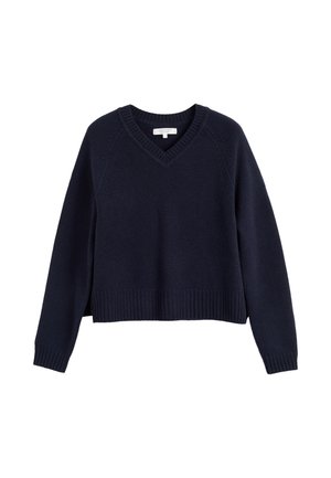Maglione lavorato a maglia blu navy con scollatura a V, polsini e orlo a coste. Presenta una vestibilità rilassata e maniche a raglan, realizzato in materiale morbido.