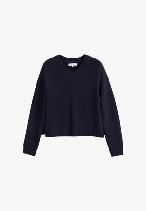 Maglione lavorato a maglia blu navy con scollatura a V, polsini e orlo a coste. Presenta una vestibilità rilassata e maniche a raglan, realizzato in materiale morbido.